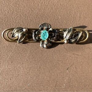 Vintage signed Raleigh aqua floral bar pin brooch. 12k Gold filled